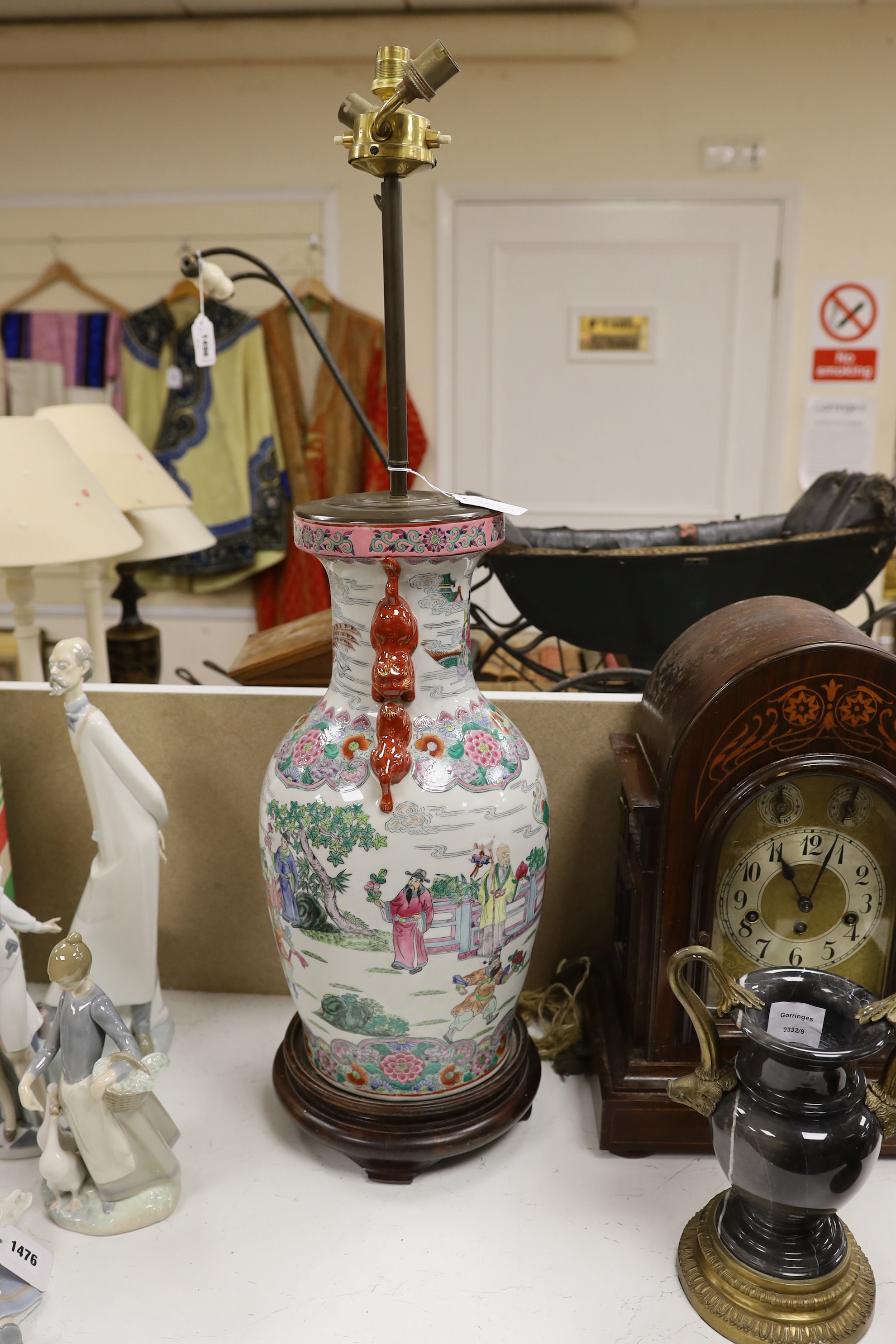 A Chinese famille rose ‘immortals’ vase converted to a lamp, 54cm to top of vase